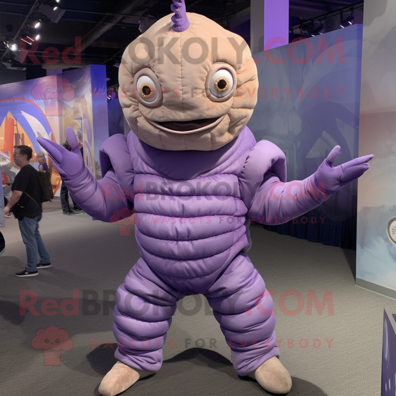 Lavender Trilobite mascot costume character dressed with a Jumpsuit and Foot pads