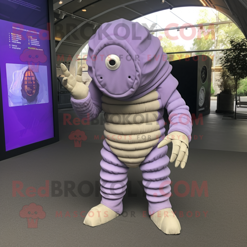 Lavender Trilobite mascot costume character dressed with a Jumpsuit and Foot pads