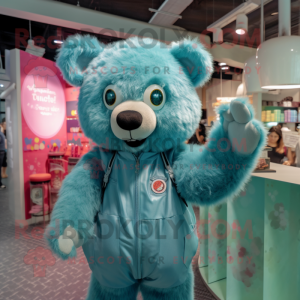 Teal Bear mascot costume character dressed with a Playsuit and Hair clips