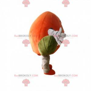 Mascota de melocotón naranja con bonitas hojas verdes -