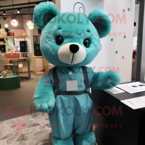 Teal Bear mascot costume character dressed with a Playsuit and Hair clips
