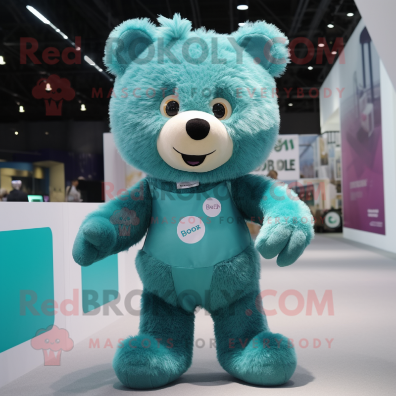 Teal Bear mascot costume character dressed with a Playsuit and Hair clips