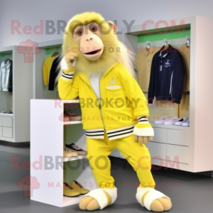 Lemon Yellow Baboon mascot costume character dressed with a Cardigan and Shoe clips