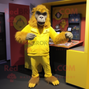 Lemon Yellow Baboon mascot costume character dressed with a Cardigan and Shoe clips