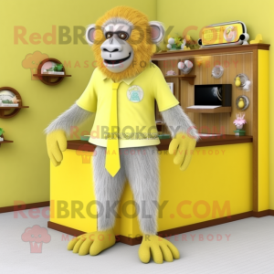 Lemon Yellow Baboon mascot costume character dressed with a Cardigan and Shoe clips