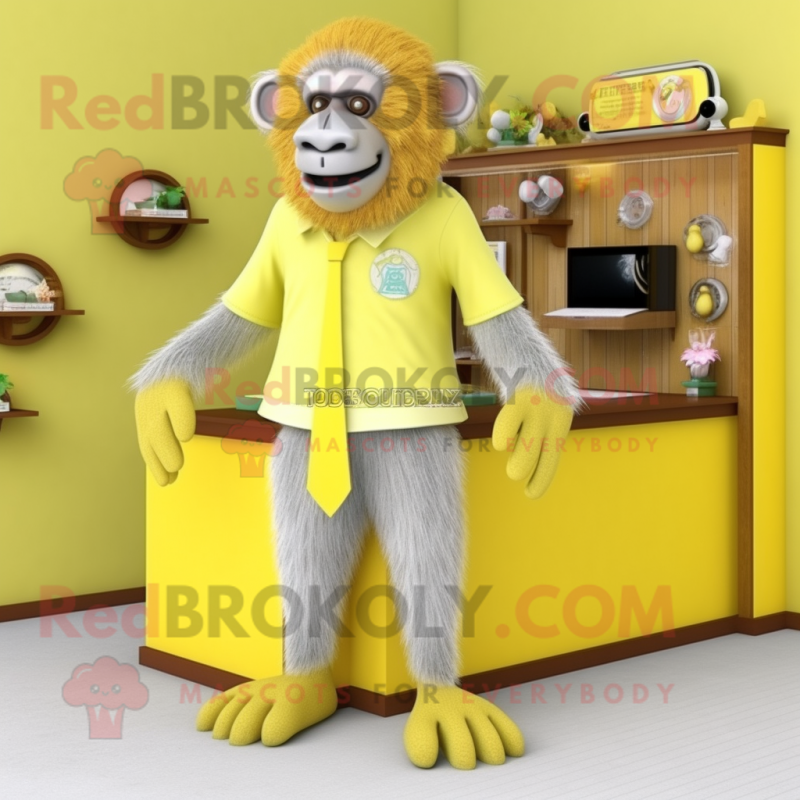 Lemon Yellow Baboon mascot costume character dressed with a Cardigan and Shoe clips
