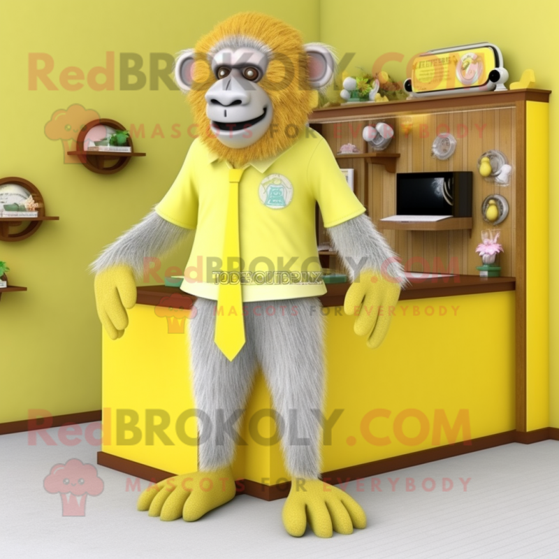 Lemon Yellow Baboon mascot costume character dressed with a Cardigan and Shoe clips Lemon Yellow Baboon mascot costume character dressed with a Cardigan and Shoe clips
