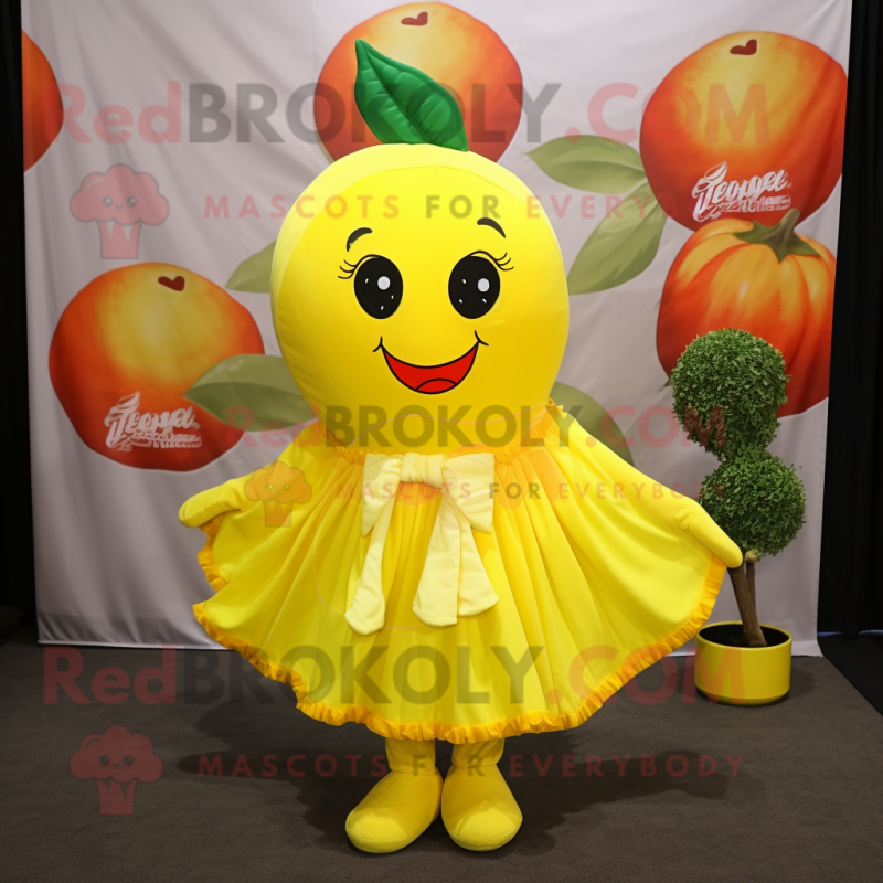 Lemon Yellow Cherry mascot costume character dressed with a Wrap Skirt and Scarf clips