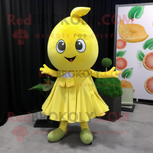 Lemon Yellow Cherry mascot costume character dressed with a Wrap Skirt and Scarf clips