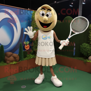 Beige Tennis Racket mascot costume character dressed with a Henley Shirt and Rings