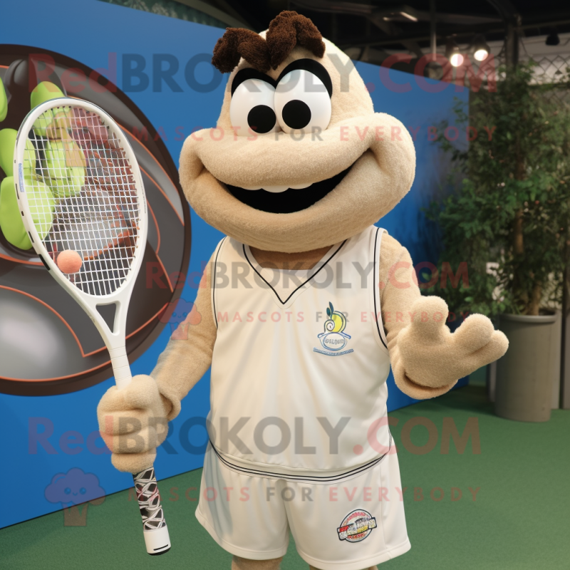 Beige Tennis Racket mascot costume character dressed with a Henley Shirt and Rings Beige Tennis Racket mascot costume character dressed with a Henley Shirt and Rings