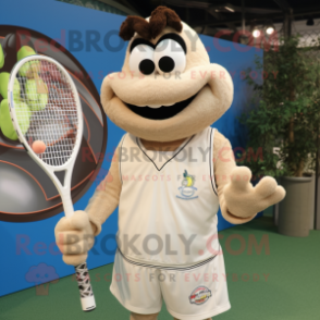 Beige Tennis Racket mascot costume character dressed with a Henley Shirt and Rings