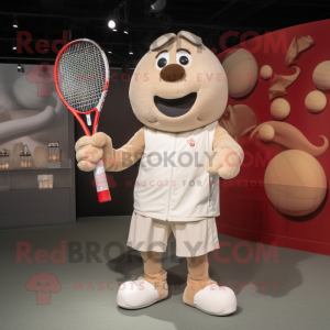 Beige Tennis Racket mascot costume character dressed with a Henley Shirt and Rings