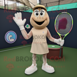 Beige Tennis Racket mascot costume character dressed with a Henley Shirt and Rings