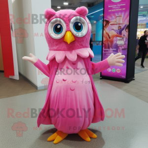 Pink Owl mascot costume character dressed with a Evening Gown and Caps