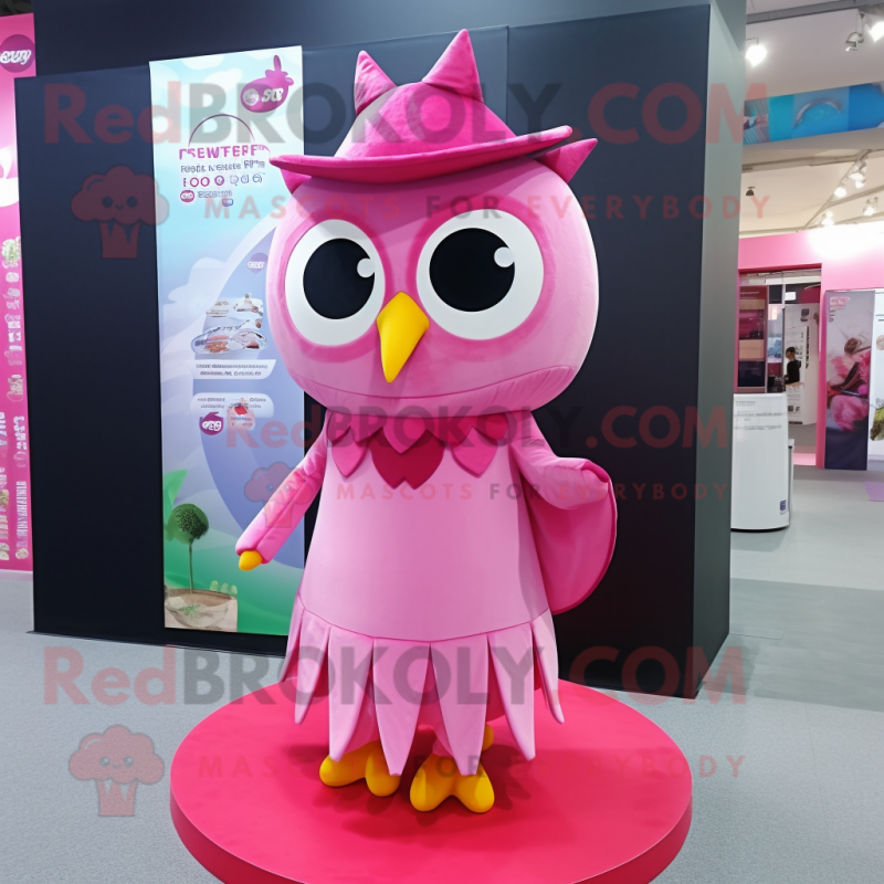 Pink Owl mascot costume character dressed with a Evening Gown and Caps