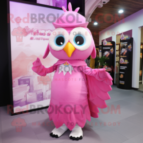 Pink Owl mascot costume character dressed with a Evening Gown and Caps