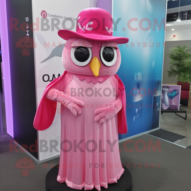 Pink Owl mascot costume character dressed with a Evening Gown and Caps