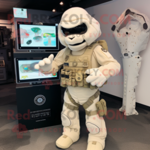 Cream Marine Recon mascot costume character dressed with a Romper and Coin purses