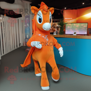 Orange Mare mascot costume character dressed with a Playsuit and Shawl pins