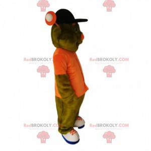 Groene alien mascotte met een oranje overhemd - Redbrokoly.com