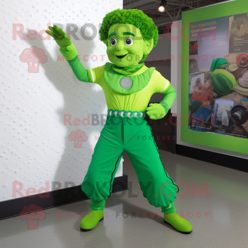 Lime Green Irish Dancer mascot costume character dressed with a Jeans and Gloves Lime Green Irish Dancer mascot costume character dressed with a Jeans and Gloves