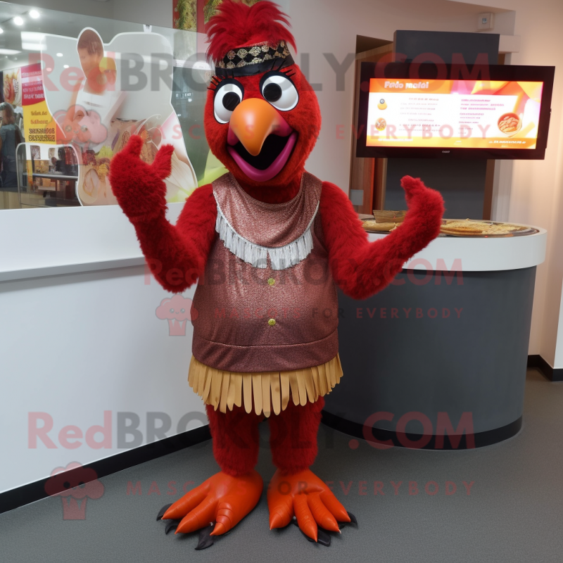 Rust Tandoori Chicken mascot costume character dressed with a Leggings and Rings Rust Tandoori Chicken mascot costume character dressed with a Leggings and Rings