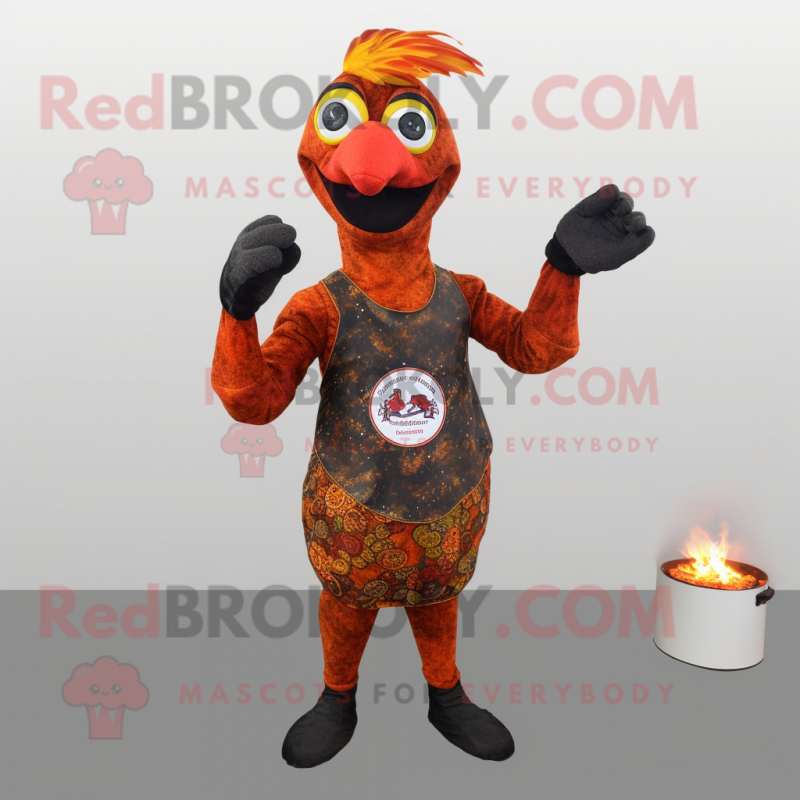 Rust Tandoori Chicken mascot costume character dressed with a Leggings and Rings