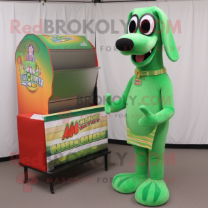 Green Hot Dogs mascot costume character dressed with a Graphic Tee and Reading glasses