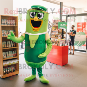 Green Hot Dogs mascot costume character dressed with a Graphic Tee and Reading glasses