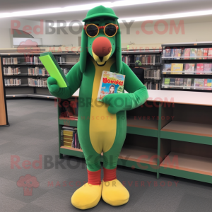 Green Hot Dogs mascot costume character dressed with a Graphic Tee and Reading glasses