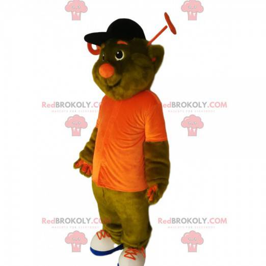 Green alien mascot with an orange shirt - Redbrokoly.com