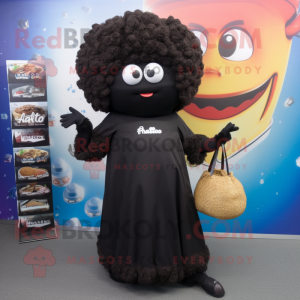 Black Falafel mascot costume character dressed with a Midi Dress and Clutch bags