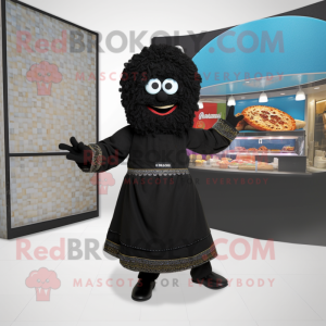 Black Falafel mascot costume character dressed with a Midi Dress and Clutch bags