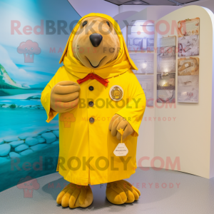 Yellow Walrus mascot costume character dressed with a Culottes and Brooches