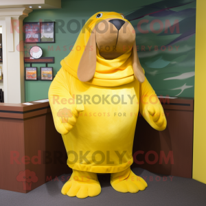 Yellow Walrus mascot costume character dressed with a Culottes and Brooches