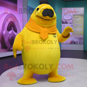 Yellow Walrus mascot costume character dressed with a Culottes and Brooches