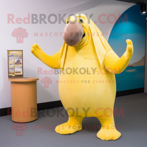 Yellow Walrus mascot costume character dressed with a Culottes and Brooches