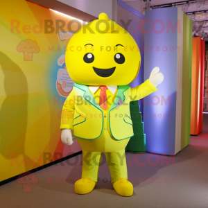Lemon Yellow Rainbow mascot costume character dressed with a Jacket and Cufflinks