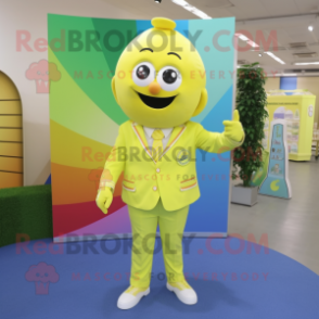 Lemon Yellow Rainbow mascot costume character dressed with a Jacket and Cufflinks