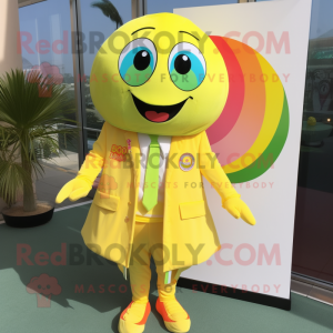 Lemon Yellow Rainbow mascot costume character dressed with a Jacket and Cufflinks