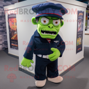 Navy Frankenstein mascot costume character dressed with a Oxford Shirt and Beanies