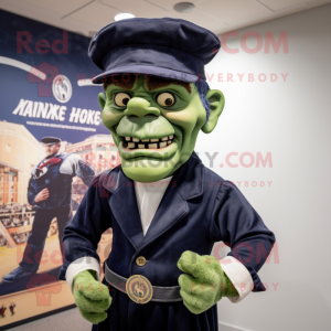 Navy Frankenstein mascot costume character dressed with a Oxford Shirt and Beanies