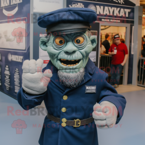 Navy Frankenstein mascot costume character dressed with a Oxford Shirt and Beanies