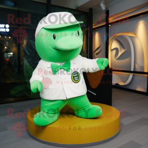 Lime Green Beluga Whale mascot costume character dressed with a Blazer and Berets