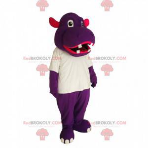Mascote hipopótamo roxo com uma camiseta branca - Redbrokoly.com