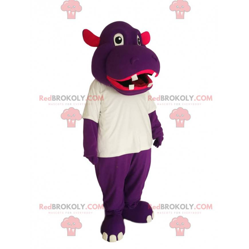 Mascota de hipopótamo púrpura con una camiseta blanca -