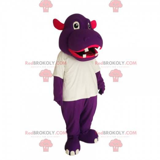 Mascota de hipopótamo púrpura con una camiseta blanca -
