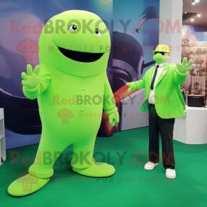 Lime Green Beluga Whale mascot costume character dressed with a Blazer and Berets