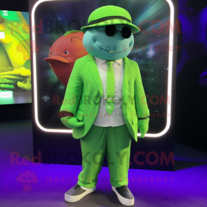 Lime Green Beluga Whale mascot costume character dressed with a Blazer and Berets